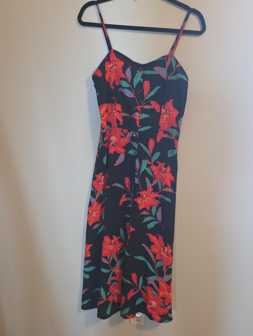 Parisian Works Black Midi Dress with Red Floral Print